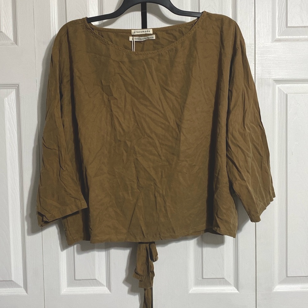 Gracemade Olive green tie wrap back Rhonda blouse shirt size XL
